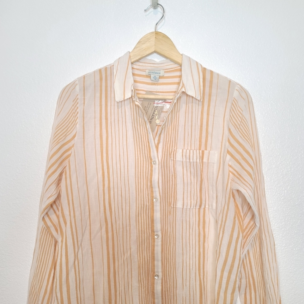 SUNDANCE Stripes Gauzy Cotton 100% Beachy Button Down Shirt NEW - Picture 2 of 9
